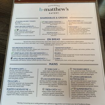 B Matthews Eatery - Menu - New American Near Me - Savannah, Georgia