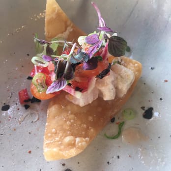 Delage - Fish Ceviche with Negi, Yuzu, Shiso, Bell Pepper, Tomato, Thai chili, Kumquat, on a crispy Won Ton - Japanese Near Me - Oakland, California Delage - Fish Ceviche with Negi, Yuzu, Shiso, Bell Pepper, Tomato, Thai chili, Kumquat, on a crispy Won Ton - Japanese Near Me - Oakland, California