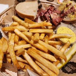 Restaurant Normandin - Excellent Vegetable Soup (imagine in your mind's eye). "Smoked Meat" with dijonnaise mustard, specialty in Québec, and frues