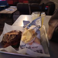 Roscoe's Coffee Bar and Tap Room - Indiana Swiss sandwich, Kettle Chips, Pickle, and Lemonade