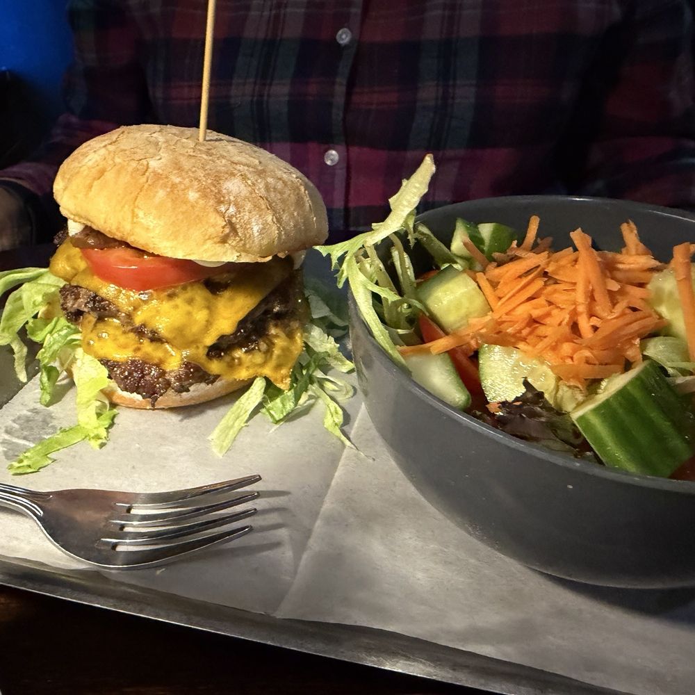 Whiskey Bend - The WB Burger and side salad - Gastropubs Near Me - St. Charles, Illinois Whiskey Bend - The WB Burger and side salad - Gastropubs Near Me - St. Charles, Illinois