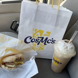 Churro cold brew frappé and a sausage McMuffin with egg.
