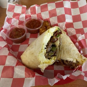 KC Burger Joint - Loaded breakfast burrito. Delicious with spicy sauce. It's packed either goodies. - Burgers Near Me - Northmoor, Missouri