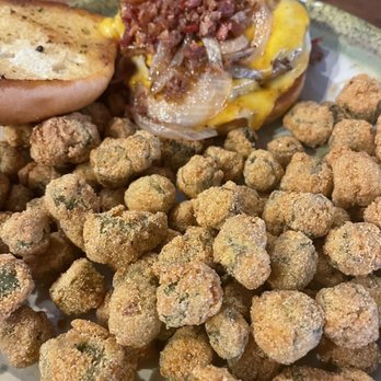 Blue Crab Grill - Burger with fried okra! Delish!!! - Seafood Near Me - Laurel, Mississippi