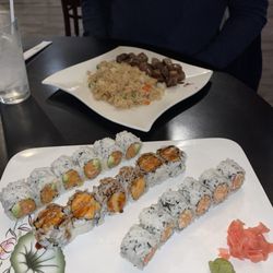 Lunch: - steak hibachi - spicy salmon roll, sweet potato roll, & spicy crab roll