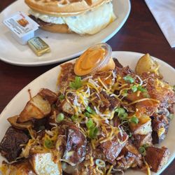 Blackbird - BLACKBIRD Loaded Homefries w/ Bacon & Cheese, Maple Sausage Waffle Sandwich