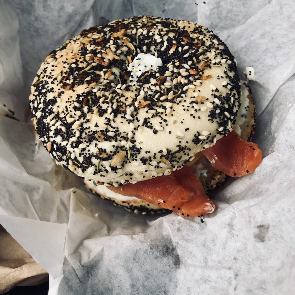 Everything bagel with salmon lox and egg Everything bagel with salmon lox and egg
