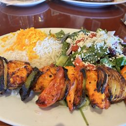 Chicken kebab with Mediterranean salad and basmati rice