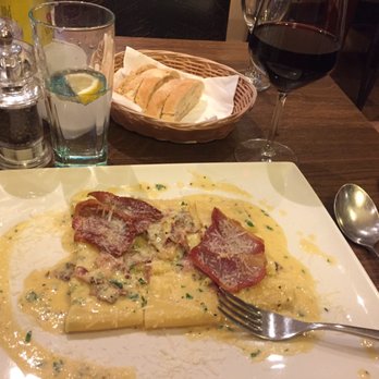 Collina's - Pasta with bacon and a great glass of red wine! - Italian Near Me - Cologne, NW
