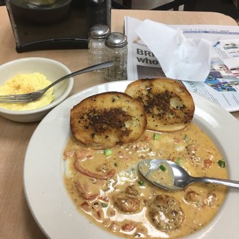 Simple Joe Cafe - Shrimp and grits with side of scrambled egg - Cafes Near Me - Baton Rouge, Louisiana