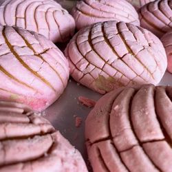 Panaderia San Miguel - Pink Conchas: a Mexican sweet bread with a slightly crunchy, sweet outer layer that resembles a seashell.