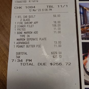 Culprits - Culprits Dinner Receipt - Steakhouses Near Me - Oklahoma City, Oklahoma