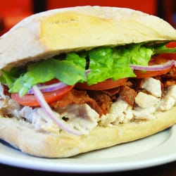 Sandwich Masters - Caesar Chicken & Hot Crispy Bacon Bits on Ciabatta with lettuce, toms & red onion