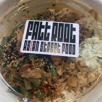 Fatt Root - Pork meatball brown rice bowl with spicy green beans, cucumber raita and crispy shallots - Asian Fusion Near Me - Pleasantville, New York Fatt Root - Pork meatball brown rice bowl with spicy green beans, cucumber raita and crispy shallots - Asian Fusion Near Me - Pleasantville, New York