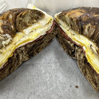 A & S Bagel - Turkey bacon, egg and cheese on a pumpernickel rye bagel - Bagels Near Me - Bensalem, Pennsylvania A & S Bagel - Turkey bacon, egg and cheese on a pumpernickel rye bagel - Bagels Near Me - Bensalem, Pennsylvania