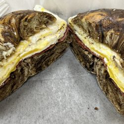 A & S Bagel - Turkey bacon, egg and cheese on a pumpernickel rye bagel