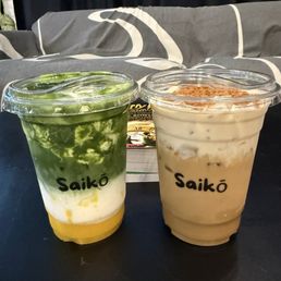 Matcha mango sticky rice and biscuits cheese coffee