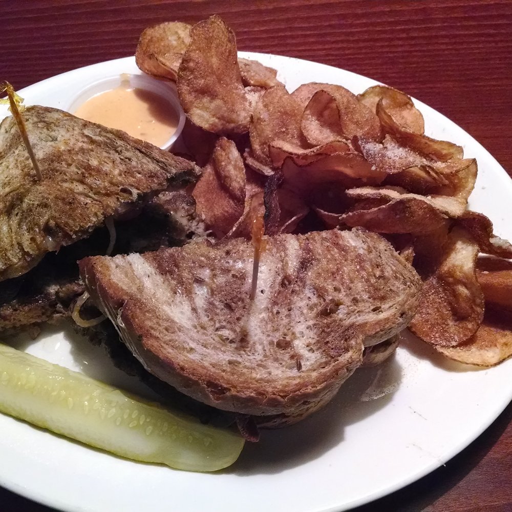 Shakey Ray's Tavern - Patty Melt with garlic Parmesan chips - American Near Me - Apex, North Carolina Shakey Ray's Tavern - Patty Melt with garlic Parmesan chips - American Near Me - Apex, North Carolina