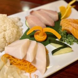 Shogun - Sashimi with sushi rice.  3 White Tuna, 3 Yellowtail, 3 Salmon.