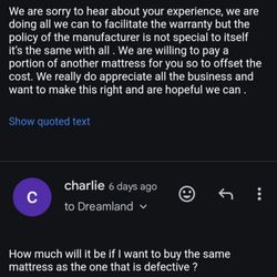 Dreamland Family Mattress - Email communication showing false promise and non response from dreamland.