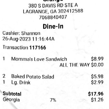 Momma Goldberg's Deli - Expensive lunch for what I got. 1 sandwich, 2 potato salads, and cup of water. $19.22!! - Delis Near Me - Lagrange, Georgia