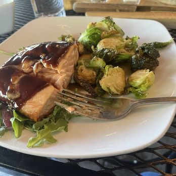 Stonewalls - Salmon with hoisin sauce and maple brussel sprouts - Steakhouses Near Me - Banner Elk, North Carolina Stonewalls - Salmon with hoisin sauce and maple brussel sprouts - Steakhouses Near Me - Banner Elk, North Carolina