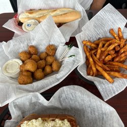 Der Dog Haus - Slaw dog, mushrooms, beer batter fries and prime rib sub.