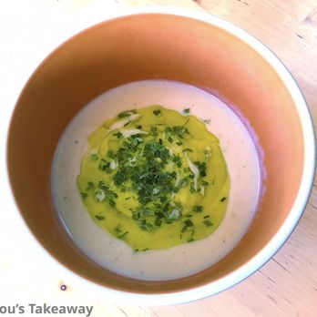 Lou's Takeaway - Celery Root Soup w/. Walnut Herb Relish (I added olive oil at home). - Comfort Food Near Me - San Rafael, California Lou's Takeaway - Celery Root Soup w/. Walnut Herb Relish (I added olive oil at home). - Comfort Food Near Me - San Rafael, California