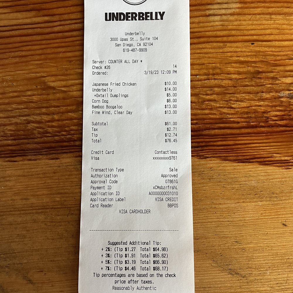 Underbelly - Recipt - Ramen Near Me - San Diego, California Underbelly - Recipt - Ramen Near Me - San Diego, California