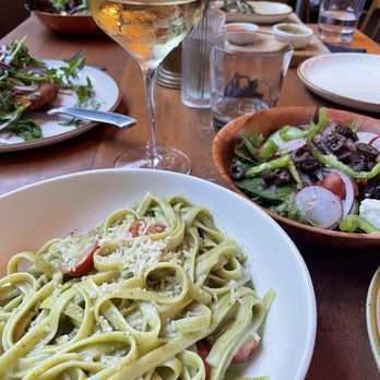 Madison - Pesto Pasta, Wine, Side greek salad - Italian Near Me - San Diego, California Madison - Pesto Pasta, Wine, Side greek salad - Italian Near Me - San Diego, California