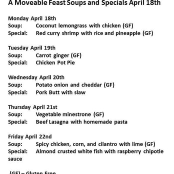 A Moveable Feast - This weeks Specials menu. - Salad Near Me - Brunswick, Georgia