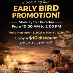 Relax Thai Spa - Enjoy $10 OFF Early Bird Massage, Mon-Thu 10 AM-2 PM. Limited time at our Redondo Beach location. Relax, recharge, and save.