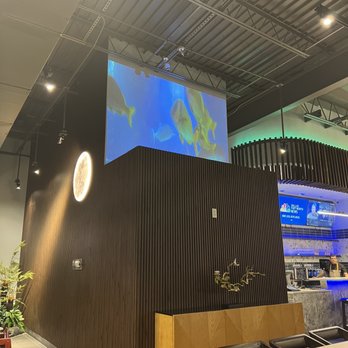 Oodle Ramen - Video screen ( displaying a fish tank) and moon light in the dining room - Ramen Near Me - Orlando, Florida Oodle Ramen - Video screen ( displaying a fish tank) and moon light in the dining room - Ramen Near Me - Orlando, Florida