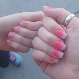 Hot pink acrylic powder filled in with my previous boring pink. My daughter got a beautiful gel color. Hot pink acrylic powder filled in with my previous boring pink. My daughter got a beautiful gel color.