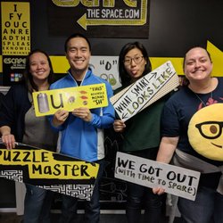 Escape The Space - Team Bad Math solves all 3 rooms in 1 day: Playbook 58:01 (1:59 left), Bomb Squad 53:59 (6:01 left), path(o)genic 52:06 (7:54 left). 4/7/18.