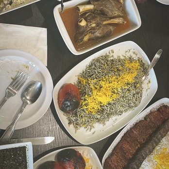 Aria's Grill - Lamb Shank with Baghali Polo, Soltani, Mirza Ghasemi, Kashk-e-Bademjan, Maast-o-Mossir... Ghormeh Sabzi, Bademjan - Persian/Iranian Near Me - Torrance, California