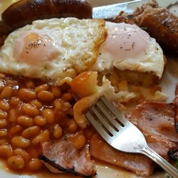 Red Lion - Full English breakfast, ham, sausage, eggs, and baked beans. Ten pounds, all day.