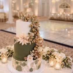 Coco's Treat Bakery - A timeless centerpiece for your wedding day   This 3-tier olive green cake, adorned with soft, dried flowers, is pure romance