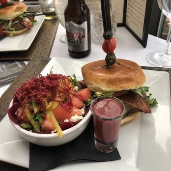 West Lake Grill - Burger with watermelon, beet and feta salad - Canadian (New) Near Me - Red Deer, Alberta West Lake Grill - Burger with watermelon, beet and feta salad - Canadian (New) Near Me - Red Deer, Alberta