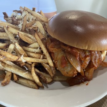 Cafe Mio - Sausage and peppers sandwich with parm truffle fries. - Wine Bars Near Me - Gardiner, New York