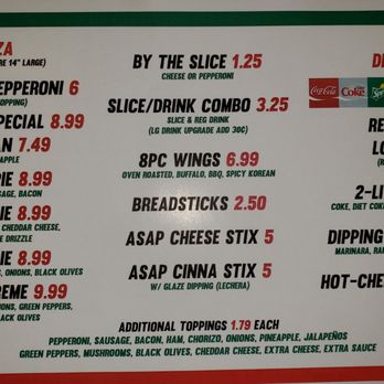 ASAP Pizza - Menu - they also have a meal with a large 3-topping pizza, 8 wings, breadsticks and a 2-liter bottle of soda for about $17.99 + tax. - Pizza Near Me - Gardena, California ASAP Pizza - Menu - they also have a meal with a large 3-topping pizza, 8 wings, breadsticks and a 2-liter bottle of soda for about $17.99 + tax. - Pizza Near Me - Gardena, California