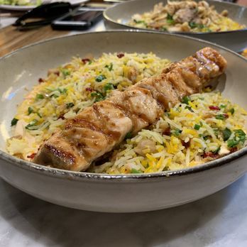 Barcha - Salmon Kabsa Rice Plate in front, Chicken Kabda Rice Plate in back - Mediterranean Near Me - San Francisco, California