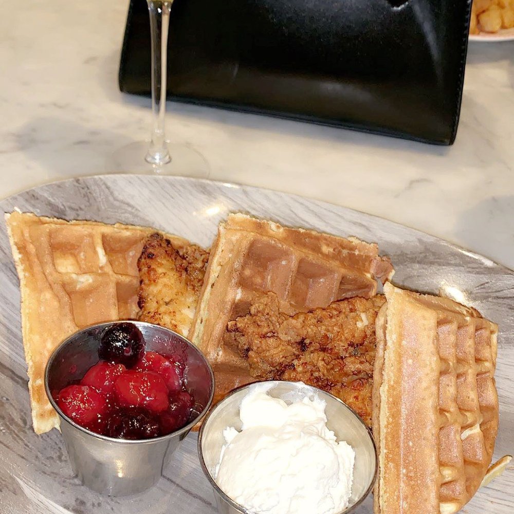 The Commoner - Mimosa paired with the chicken and waffles w/ vanilla cream + cherry compote. - New American Near Me - Pittsburgh, Pennsylvania