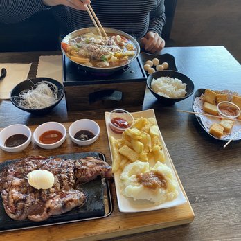 Red Flame - Beef hotpot and Ribeye steak with fries and mash potatoes. And fried fish tofu appetizer. - Hot Pot Near Me - Westminster, California Red Flame - Beef hotpot and Ribeye steak with fries and mash potatoes. And fried fish tofu appetizer. - Hot Pot Near Me - Westminster, California