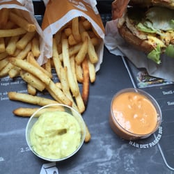 Sunset Boulevard - fries with 2 dips - chipotle mayo and green sweet relish mayo - and chicken sandwich
