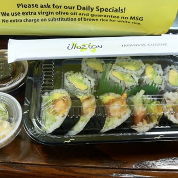 Illuzion - Cucumber Avocado roll (top) & Shrimp Tempura roll (bottom) off the regular menu. $10. PERFECT lunch! - Japanese Near Me - Hoboken, New Jersey Illuzion - Cucumber Avocado roll (top) & Shrimp Tempura roll (bottom) off the regular menu. $10. PERFECT lunch! - Japanese Near Me - Hoboken, New Jersey