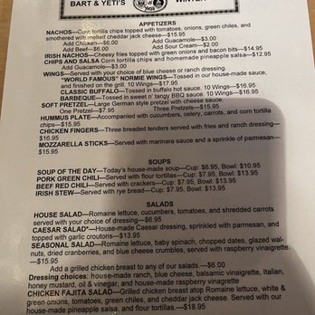 Bart & Yeti's - Menu as of Feb 2023 - Dive Bars Near Me - Vail, Colorado