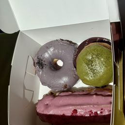 London Fog Donut, Matcha Creme Puff, Lychee Raspberry Eclair London Fog Donut, Matcha Creme Puff, Lychee Raspberry Eclair