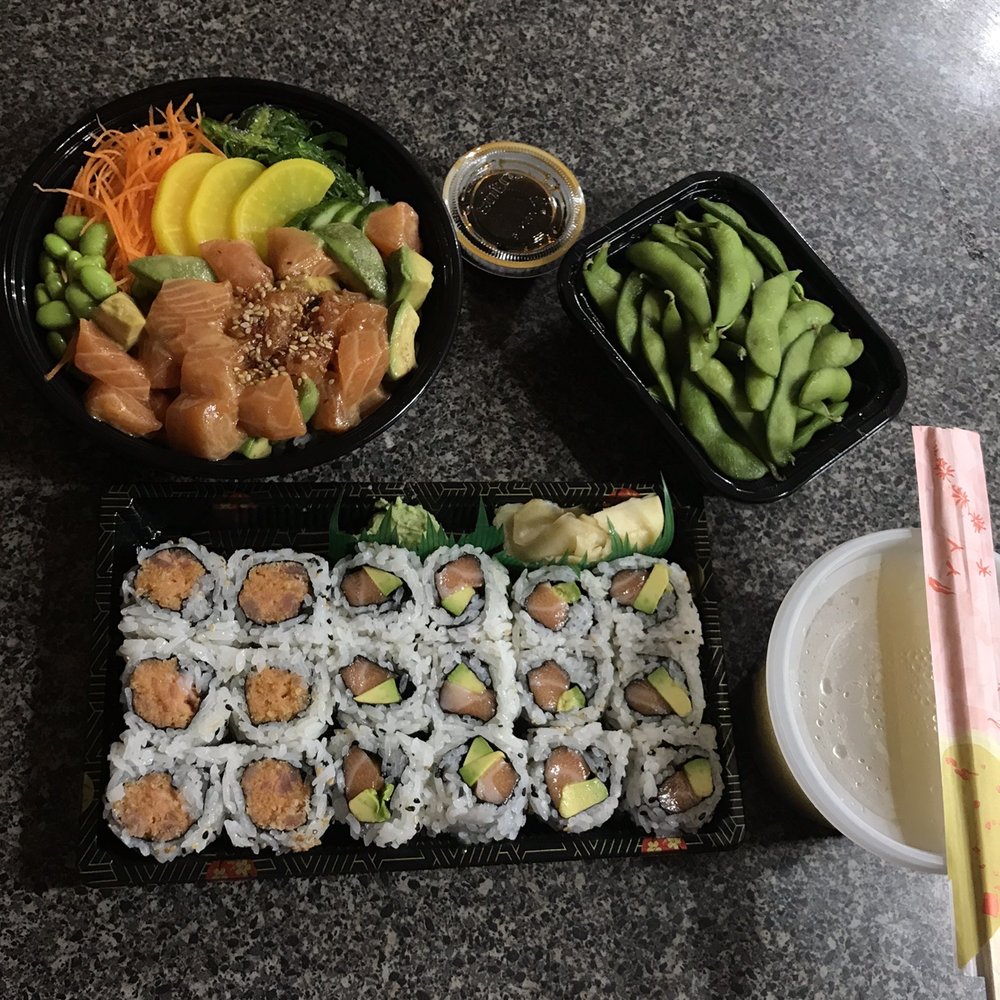 Poke Bowl Spicy tuna roll salmon avocado roll Edamame Miso Soup Poke Bowl Spicy tuna roll salmon avocado roll Edamame Miso Soup