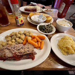 Meatloaf with 3 sides, plus 2 extra sides. Sides: fried okra, sweet carrots, hash brown casserole, turnip greens & dumplins. Meatloaf with 3 sides, plus 2 extra sides. Sides: fried okra, sweet carrots, hash brown casserole, turnip greens & dumplins.